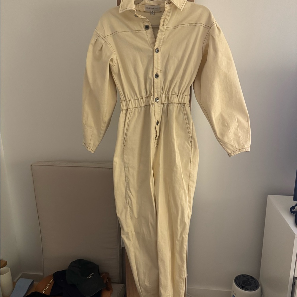 Cream Button-Up Long Sleeve jumpsuit